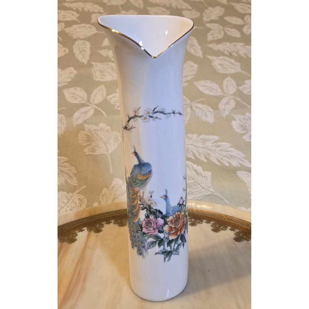 Vintage Peacock Floral Porcelain Bud Vase White Silver Trim Pinched Rim 10.5"